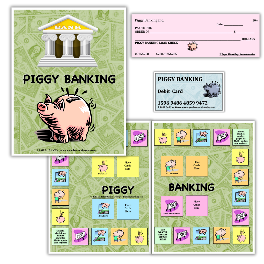 Piggy Banking financial literacy game teaching banking skills, deposits, withdrawals, checks, and debit cards through hands-on, multisensory play