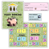 Piggy Banking financial literacy game teaching banking skills, deposits, withdrawals, checks, and debit cards through hands-on, multisensory play