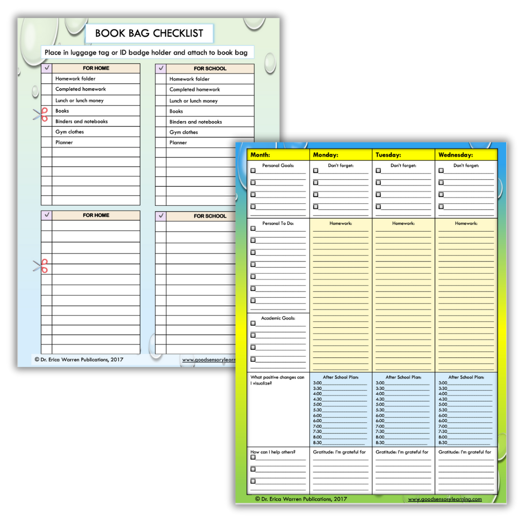 Executive functioning planner pages with book bag checklist and weekly planning sheets for organization, homework tracking, and after-school routines