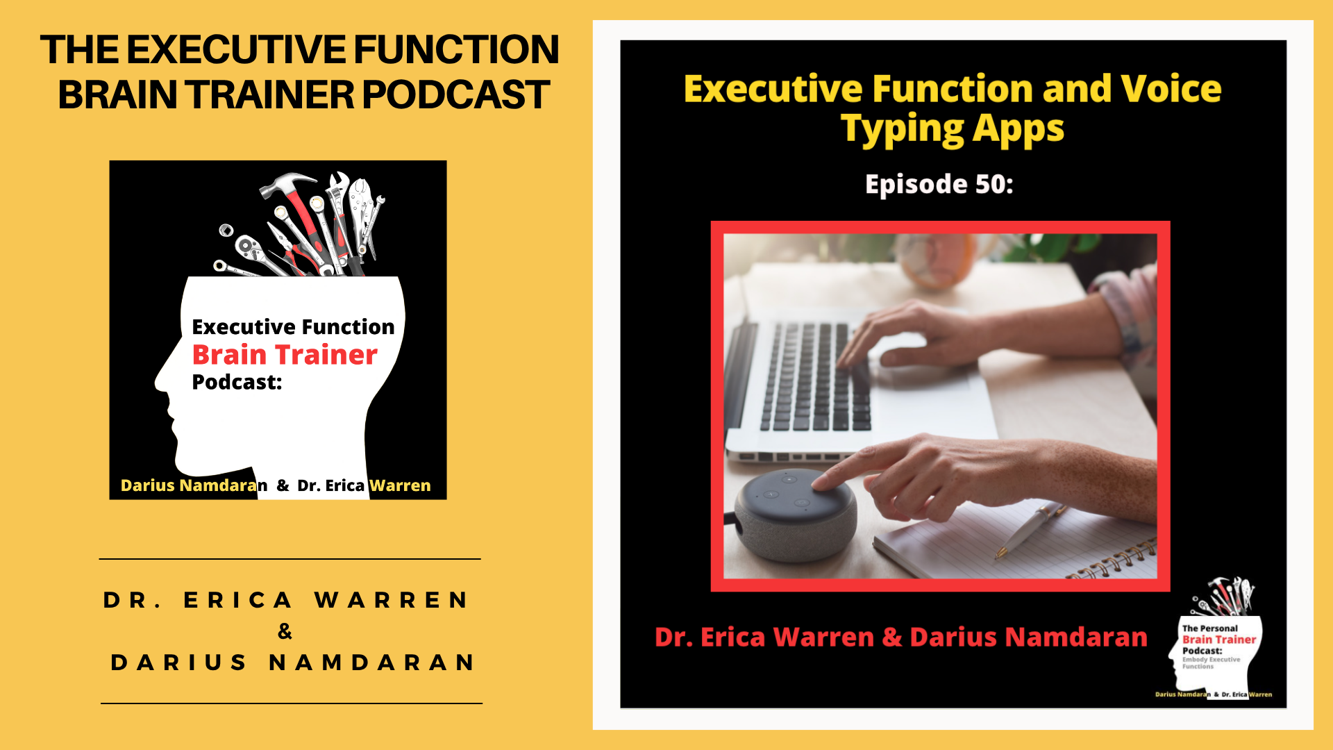 Podcast episode cover for 'The Executive Function Brain Trainer Podcast' with text and images of people using laptops.