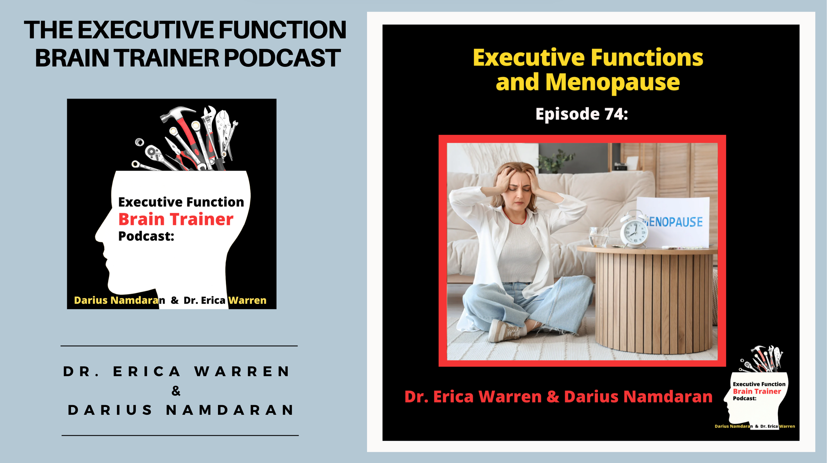 Podcast episode on menopause and executive functions with woman looking overwhelmed.
