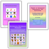 Primary learning bundle featuring following directions activities, vowel and consonant games, and reversing reversals exercises for early literacy development