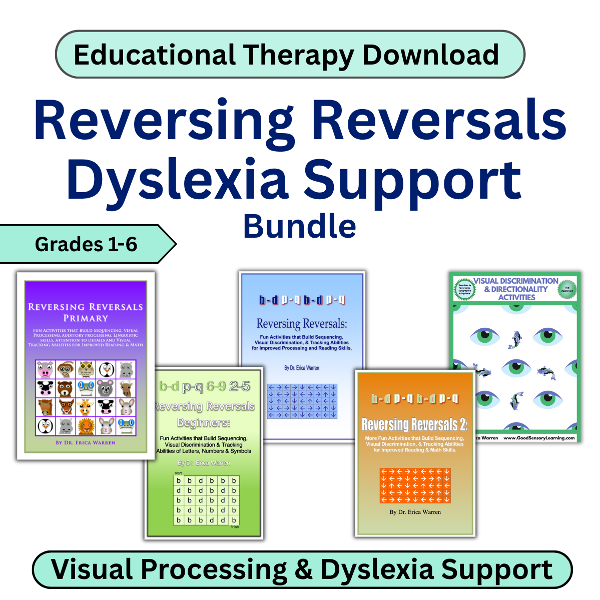 Educational therapy download bundle for reversing reversals with colorful book covers on a white background.