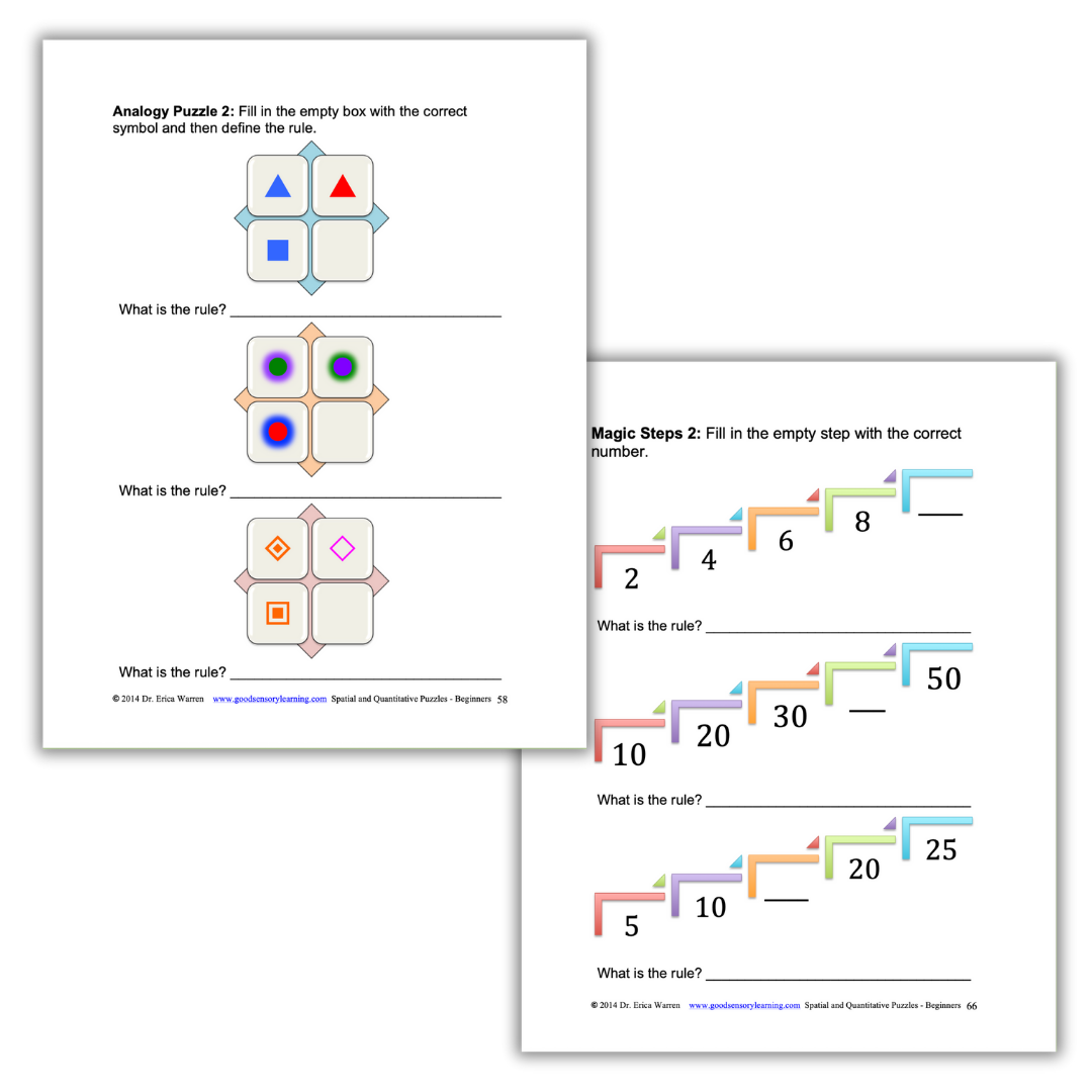Spatial and quantitative reasoning puzzles featuring analogy grids and number pattern steps for problem-solving practice