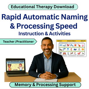 Educational therapy download for rapid automatic naming and processing speed with a man at a desk.
