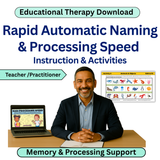 Educational therapy course and online materials for rapid automatic naming and processing speed - a teacher is smiling with the resources around them