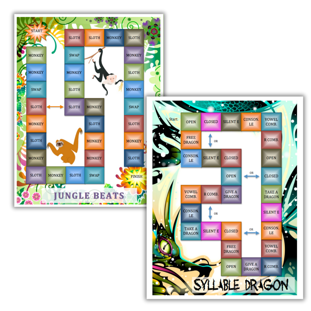 Reading board games featuring Jungle Beats and Syllable Dragon to build phonics, syllable types, decoding skills, and executive functioning through play