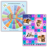 Spin and Blend phonics wheel and Kitten Party reading board game for practicing consonant blends, digraphs, and decoding skills through multisensory play
