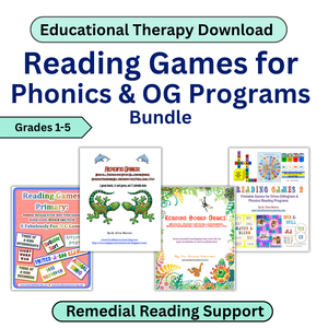 Educational therapy download for reading games with colorful book covers and text about phonics and OG programs.