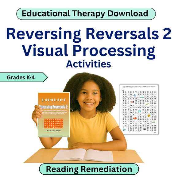 Educational therapy download for reversing reversals and visual processing activities with a child holding a book.