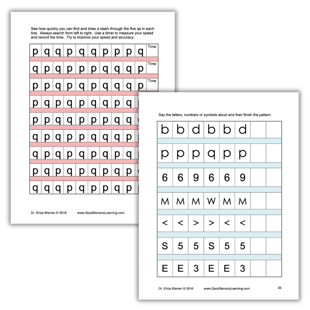 Reversing Reversals Beginners visual discrimination activities with p-q tracking rows and letter, number, and symbol patterns by Dr. Erica Warren