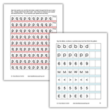 Reversing Reversals Beginners visual discrimination activities with p-q tracking rows and letter, number, and symbol patterns by Dr. Erica Warren