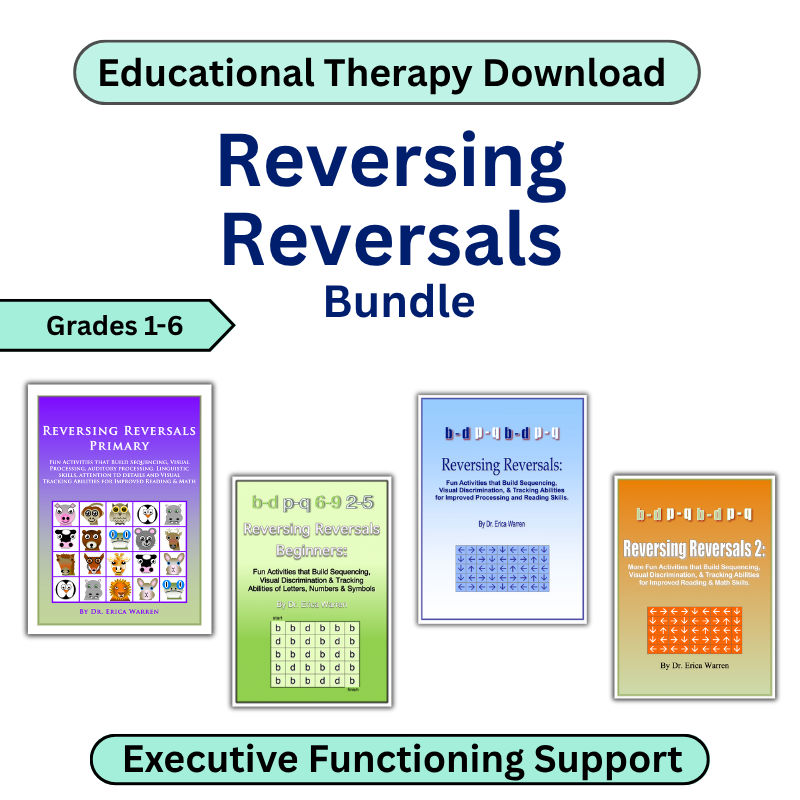 Educational therapy download bundle for reversing reversals with colorful book covers on a white background.