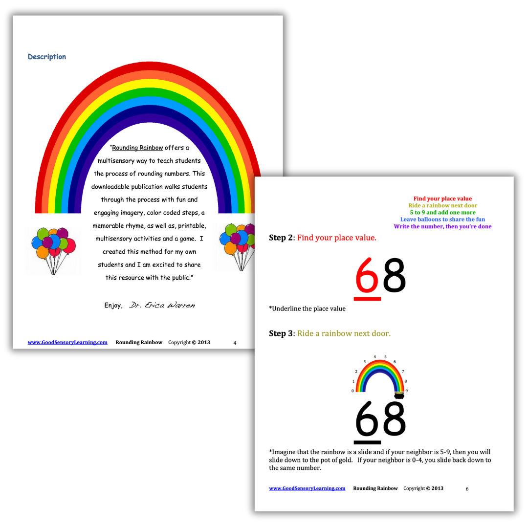 Rounding Rainbow sample pages showing a colorful multisensory method for teaching place value and rounding numbers by Dr. Erica Warren