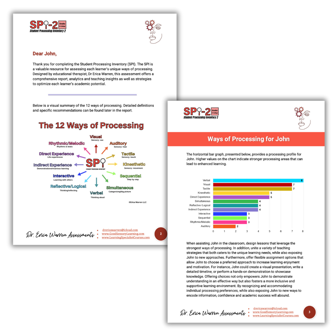Student Processing Inventory sample report showing the 12 ways of processing and an individualized bar graph profile used to guide personalized learning strategies
