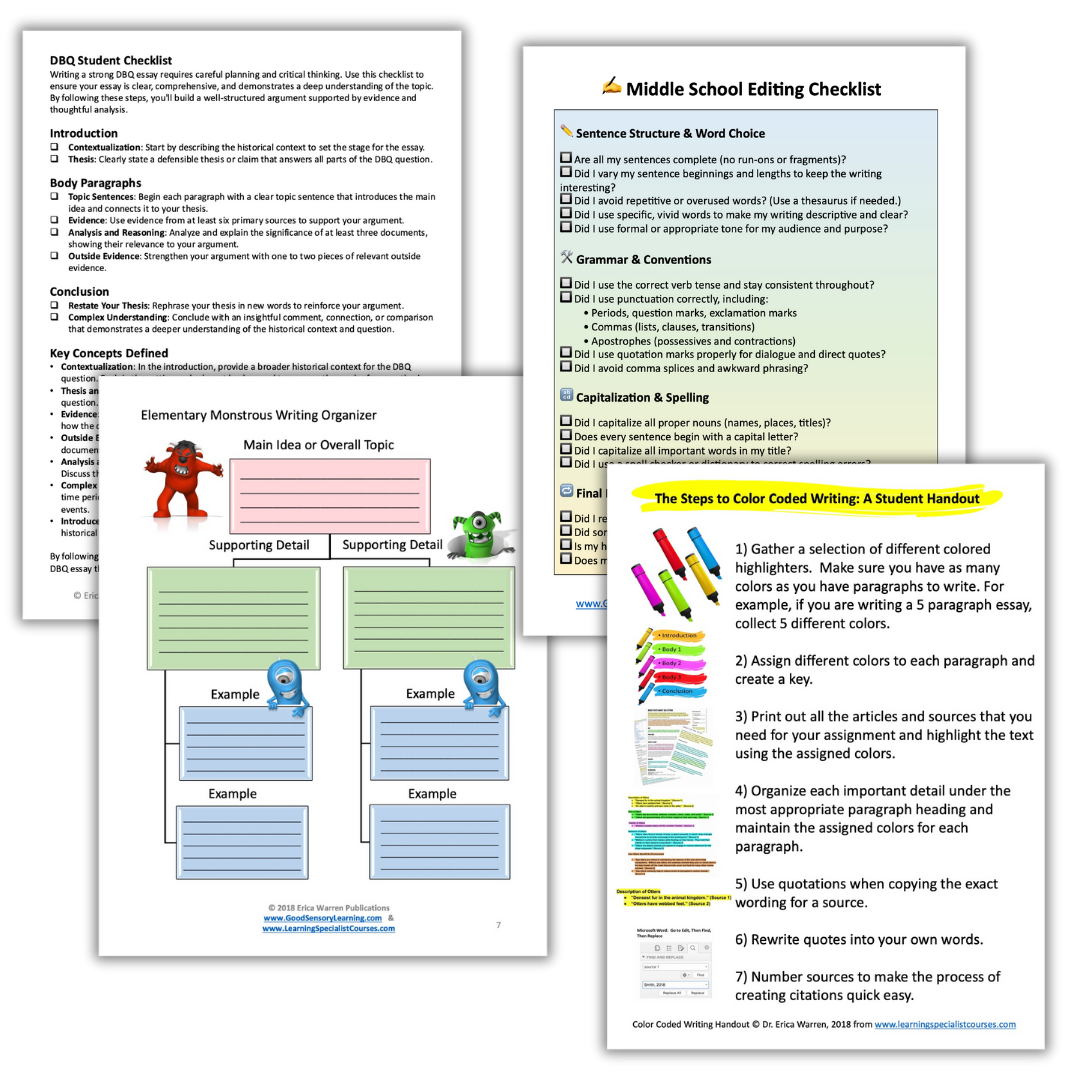 Student writing tools including editing checklists, DBQ planning guides, graphic organizers, and color-coded writing steps to support structure, clarity, and revision skills