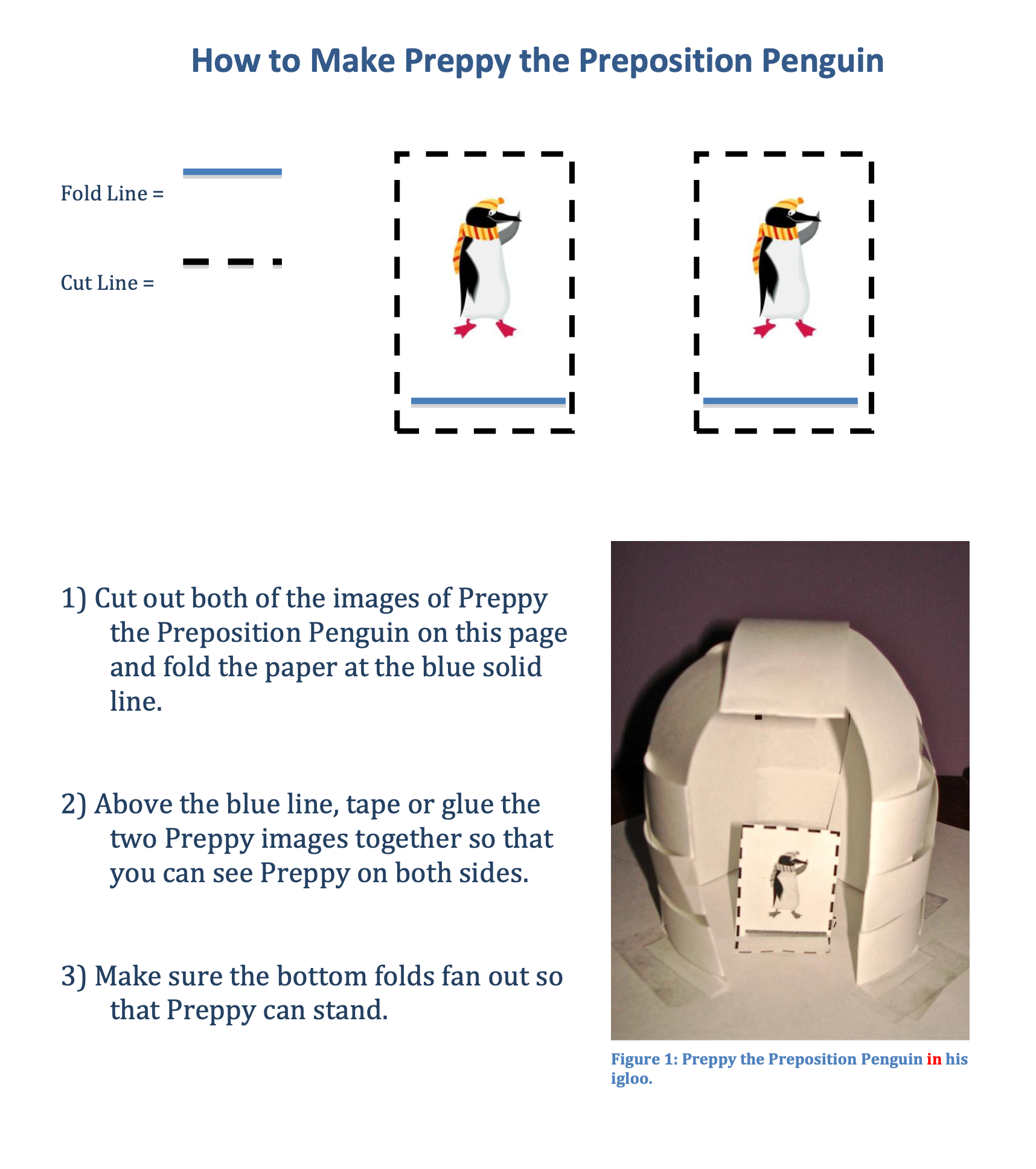 Instructions on how to make a paper craft of Preppy the Preposition Penguin with folding and assembly steps.