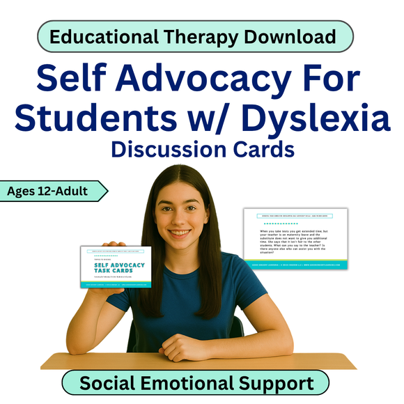 Student holing up a self-advocacy task card and smiling 