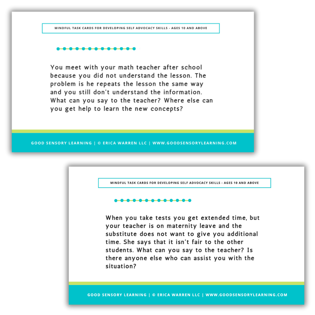 Self-advocacy task cards featuring real-life school scenarios that build communication, problem-solving, and self-advocacy skills by Dr. Erica Warren