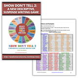 Show Don’t Tell 2 suspense writing game featuring a descriptive word spinner and vocabulary charts designed to build vivid imagery, tension, and expressive writing skills