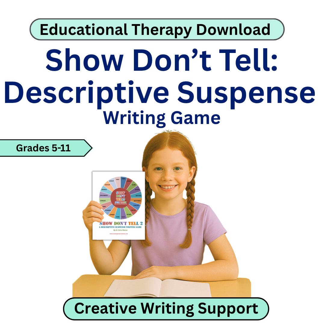 Book cover of 'Show Don't Tell: Descriptive Suspense Writing Game' with a girl holding a game component.