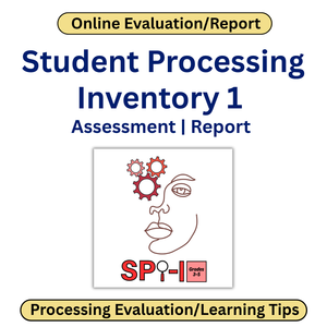 Cover of 'Student Processing Inventory 1' assessment report with a face and gears illustration.