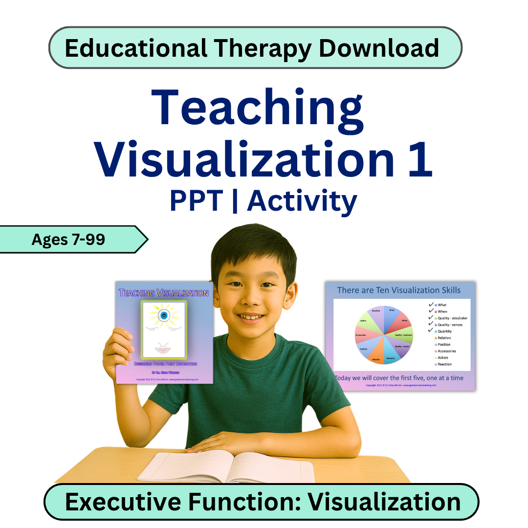 Educational download for teaching visualization with a child holding a book titled 'Teaching Visualization 1'.