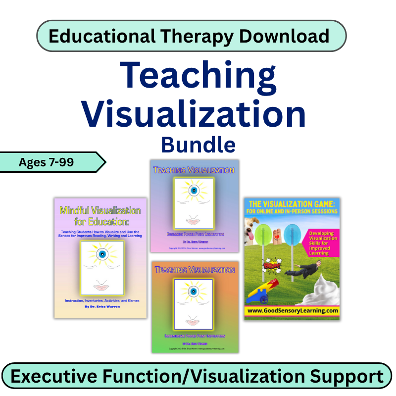 Educational therapy download bundle for teaching visualization with colorful book covers on a white background.