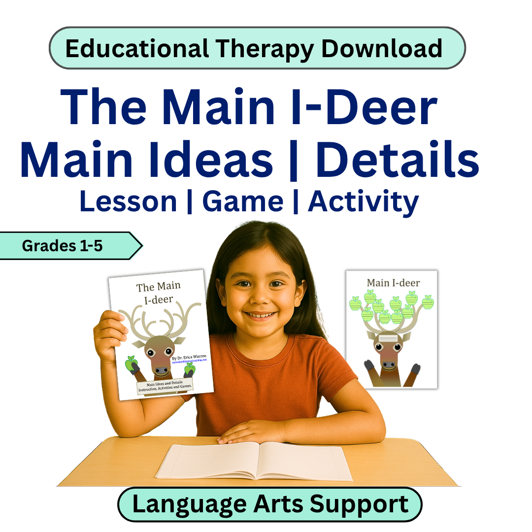 Educational download for teaching main ideas and details with a child holding a book titled 'The Main I-Deer'.