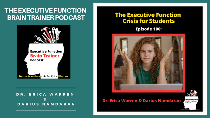 Podcast episode cover for 'The Executive Function Brain Trainer Podcast' with a woman looking stressed.