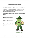 Educational page about imperative sentences with a cartoon pear character named Commander Pear.