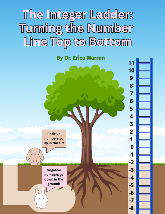 Book cover of 'The Integer Ladder: Turning the Number Line Top to Bottom' by Dr. Erica Warren, with a tree, rabbits, and ladder illustration.