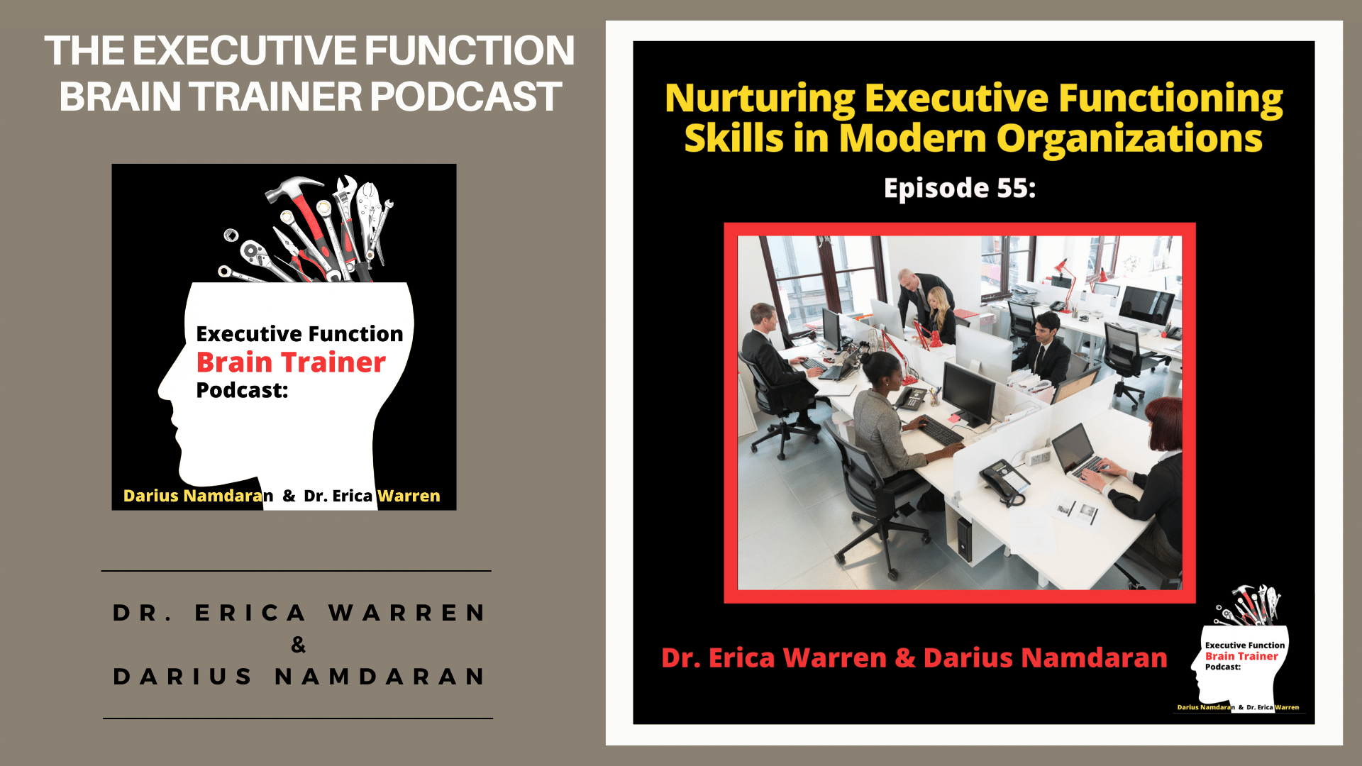Podcast episode on executive functioning and modern organizations with a  full office of people working at desks.