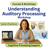 Advertisement for a 'Understanding Auditory Processing Workshop' with a woman at a desk and educational graphics.