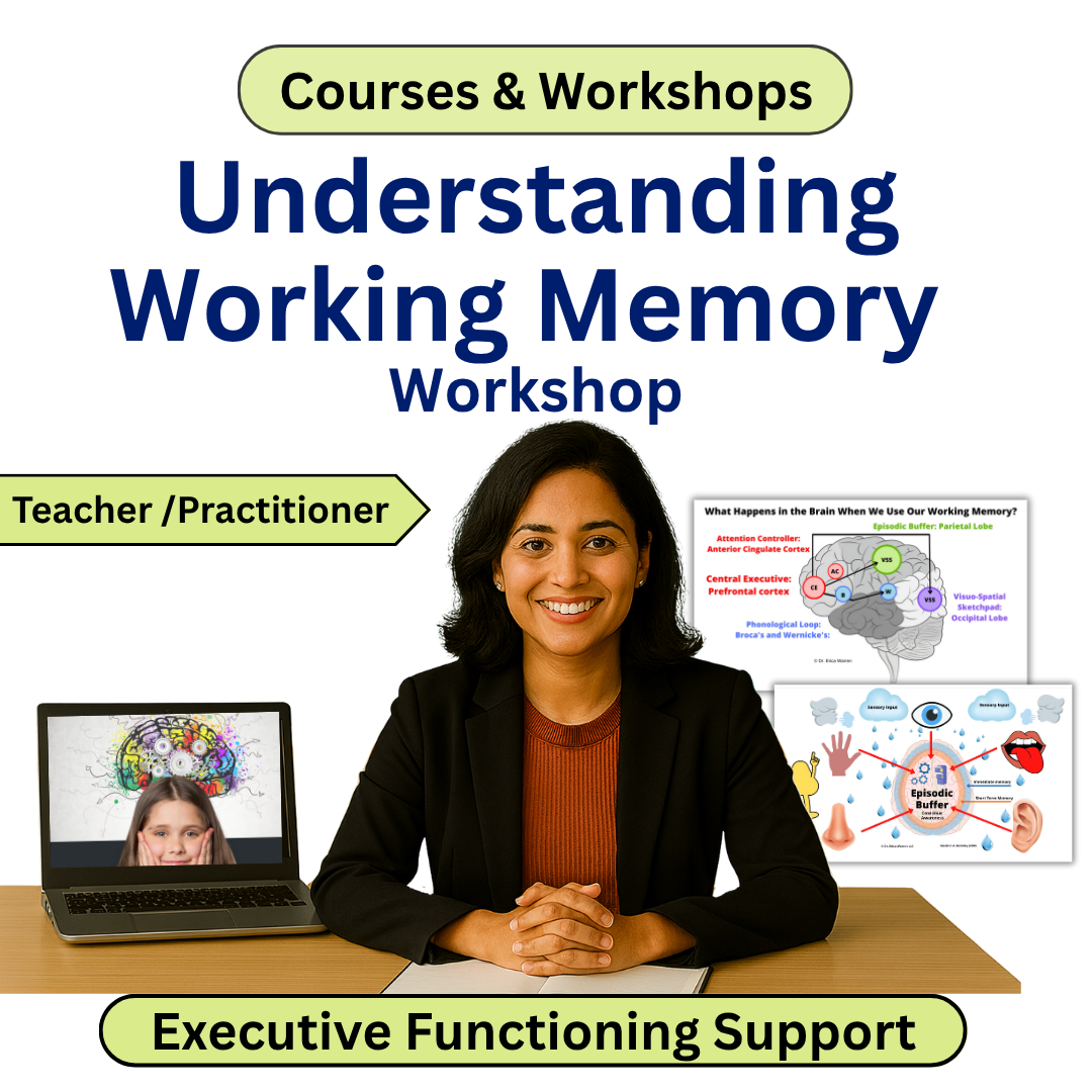Promotional image for a 'Understanding Working Memory' workshop with a presenter and educational materials.