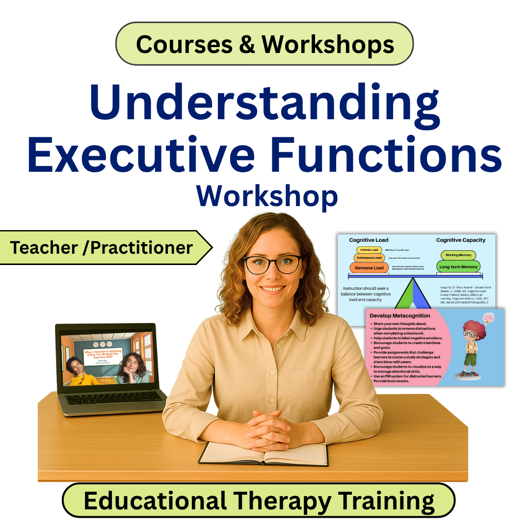 Promotional image for a 'Understanding Executive Functions' workshop with a presenter and educational materials.