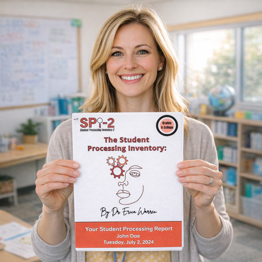 A smiling teacher stands in a classroom holding a printed student processing report titled “The Student Processing Inventory,” with bookshelves and learning materials in the background.