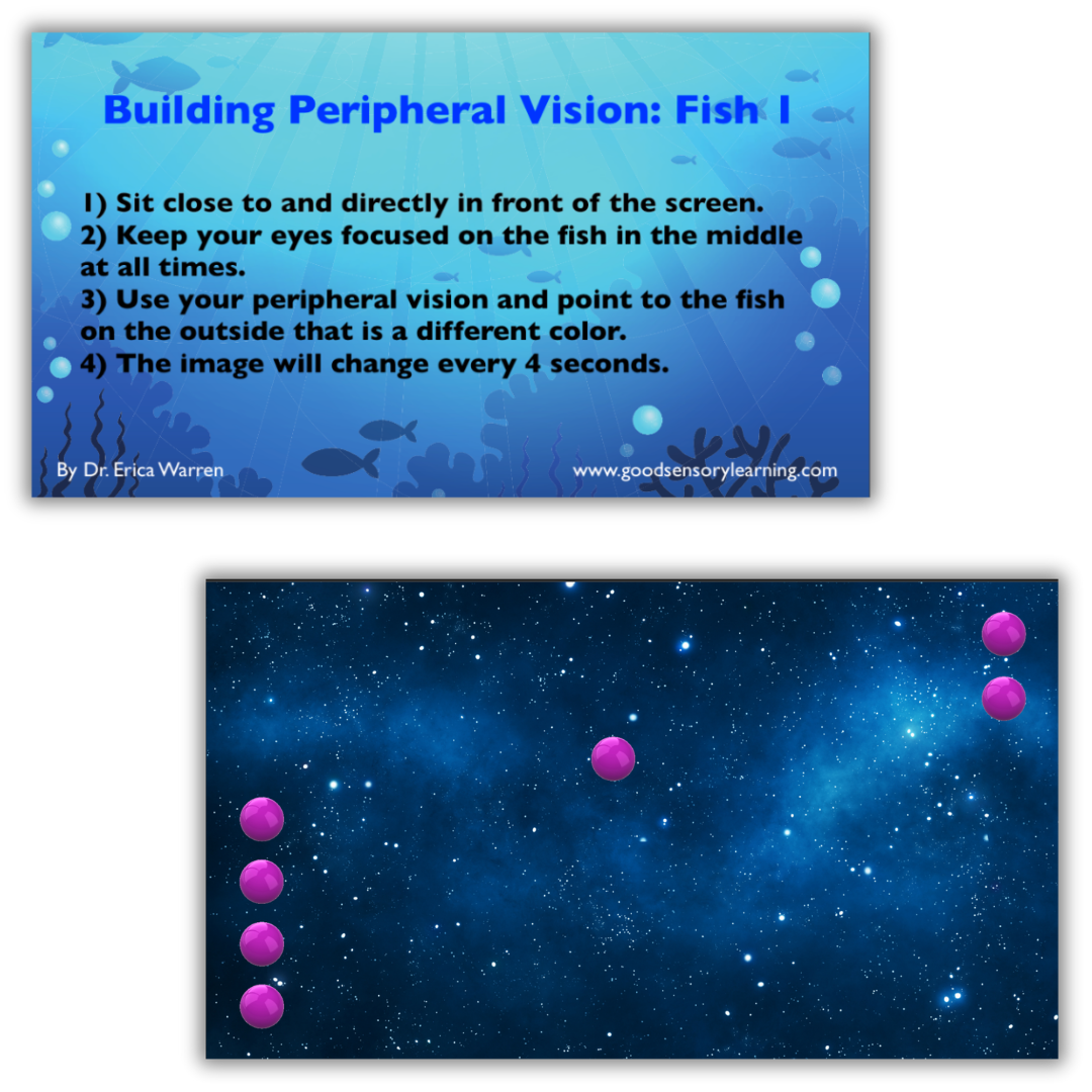 Visual processing training slides by Dr. Erica Warren featuring peripheral vision exercises designed to strengthen visual attention, focus, and scanning skills.