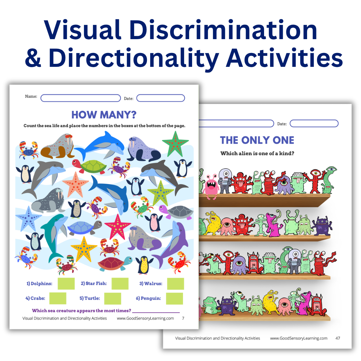 Two educational worksheets on a white background with text about visual discrimination and directionality activities.