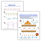 Visual motor skill worksheets featuring tracing paths and obstacle course activities designed to strengthen fine motor control, visual tracking, and hand-eye coordination.