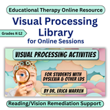 Educational therapy resource for visual processing activities with a child holding a magnifying glass.