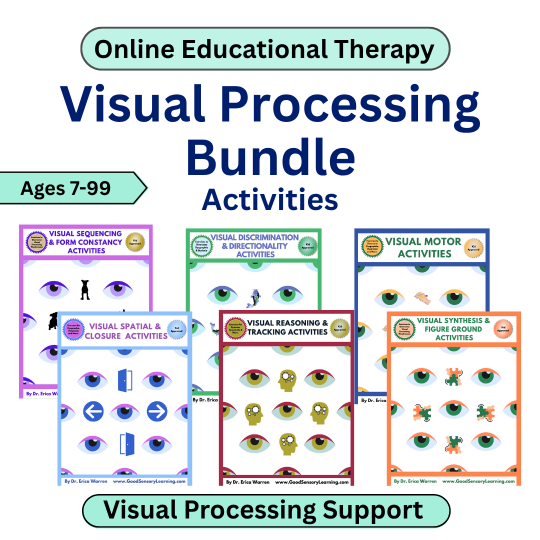 Cover of 'Online Educational Therapy Visual Processing Bundle Activities' with colorful activity sheets.