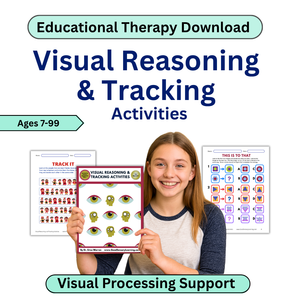 Educational therapy download for visual reasoning and tracking activities with a girl holding a worksheet.