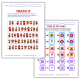 Visual reasoning and tracking activity pages by Dr. Erica Warren featuring pattern matching, visual scanning, and analogy tasks to strengthen attention, sequencing, and problem-solving skills.