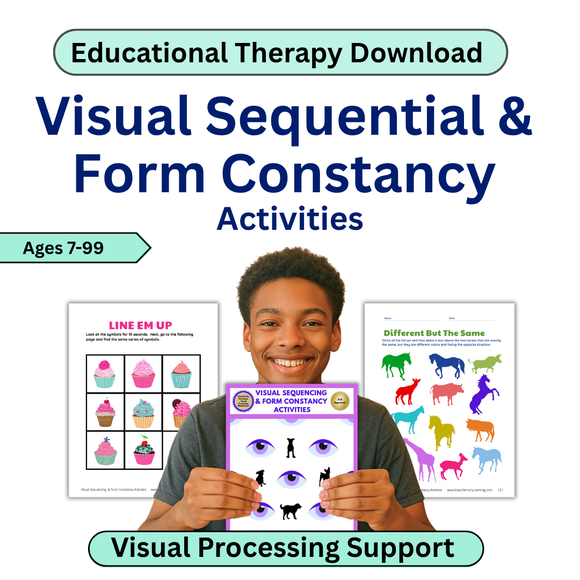 Boy on white background holding up the visual sequential and form constancy workbook and smiling