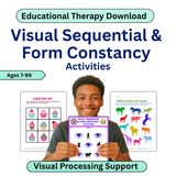 Boy on white background holding up the visual sequential and form constancy workbook and smiling