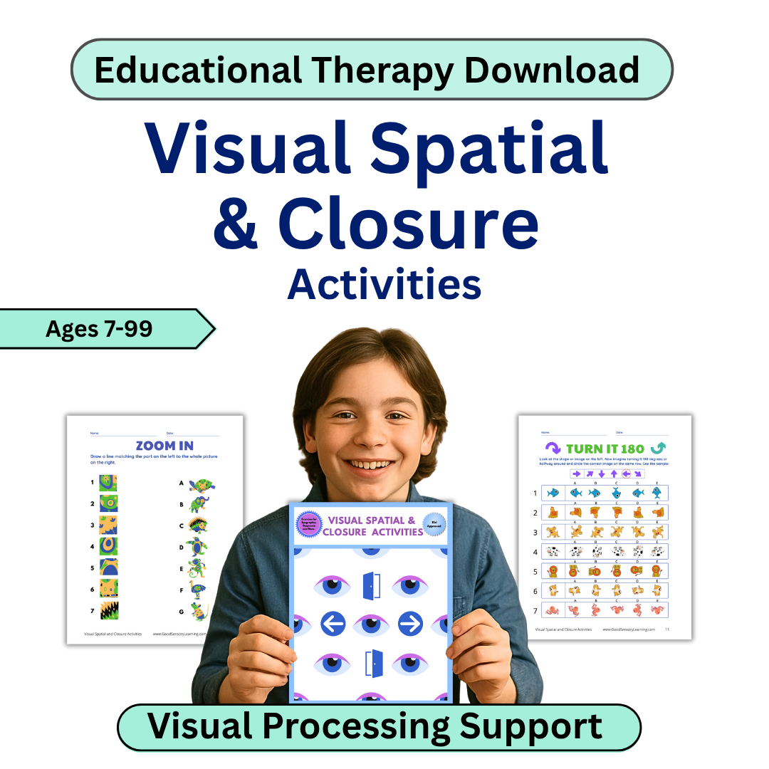 Educational therapy download for visual spatial and closure activities with a child holding a worksheet.