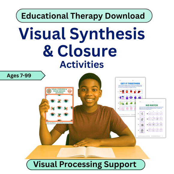 Book cover with a child holding a visual synthesis and closure activity book, titled 'Educational Therapy Download'.
