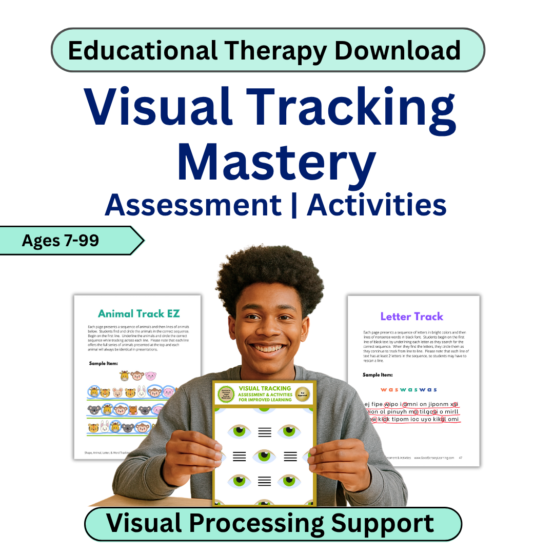 Educational therapy download for visual tracking mastery with a child holding a worksheet.