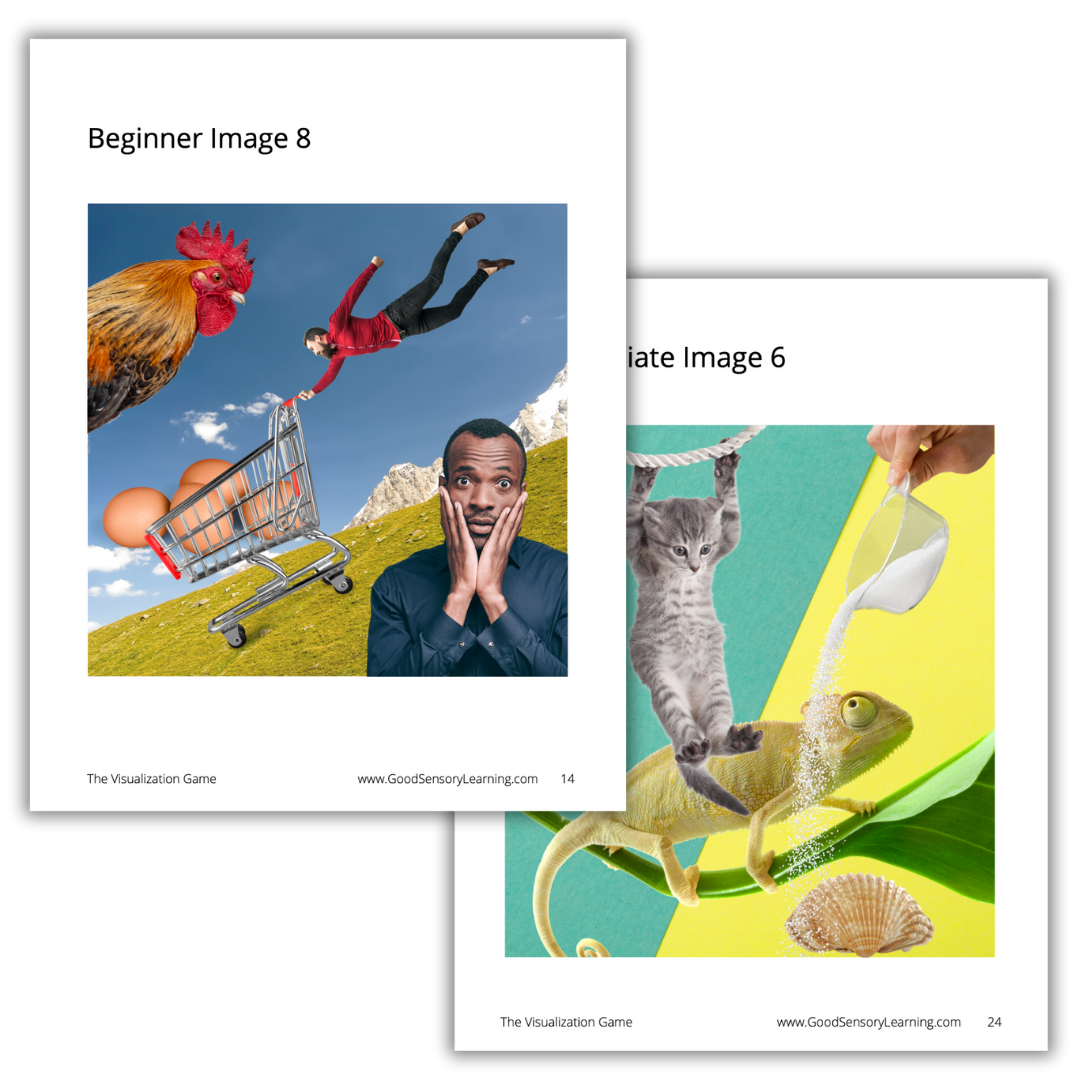 Visualization Game sample pages by Dr. Erica Warren featuring surreal, unexpected image combinations designed to strengthen mental imagery, inference, and creative visualization skills.